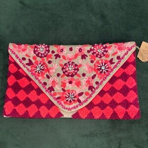 Floral Embroidered Clutch - Red and Pink